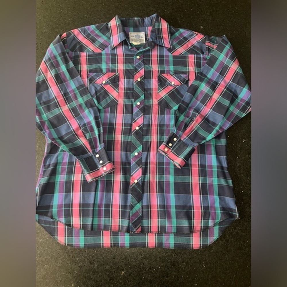 UEC VINTAGE AMERICAN HERO NAVY PINK PLAID CHECKERE WESTERN PEARL SNAP SHIRT XL